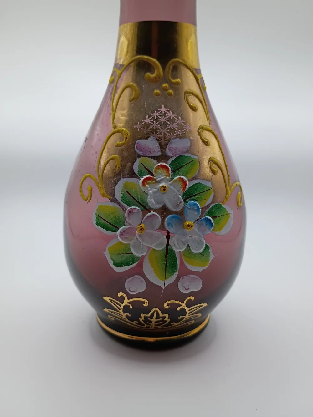 Vintage Hand-Painted Glass Bud Vase with Floral Motif And Gold Accents